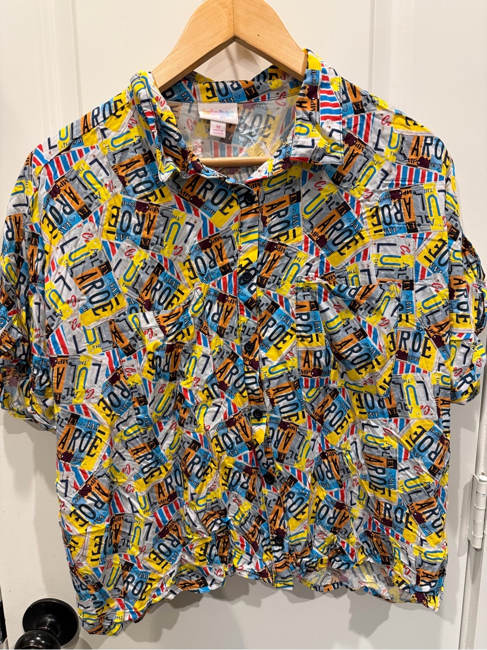 LuLaRoe Yellow Blue Red Logo-Print Button Down Shirt